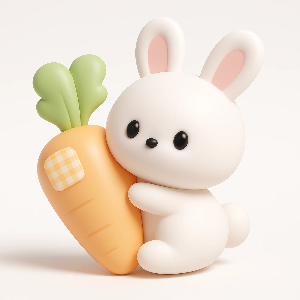 3D style with iOS style elements, bunny holding a carrot emoji
