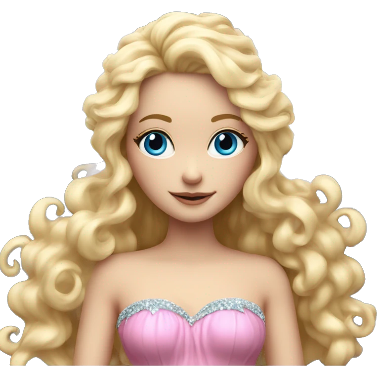 Fairy, a blonde hair with blue eyes and a pink dress with sparkly wings. White wings. The fairy has long and curly hair with a lot of volume emoji