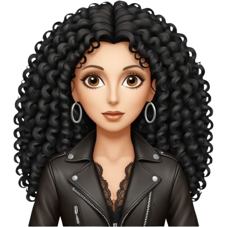 realistic cinematic singer Cher in a typical rocker's attractive outfit with leather and lace, half-naked, huge curly hair like in the video If I Could Turn Back Time emoji