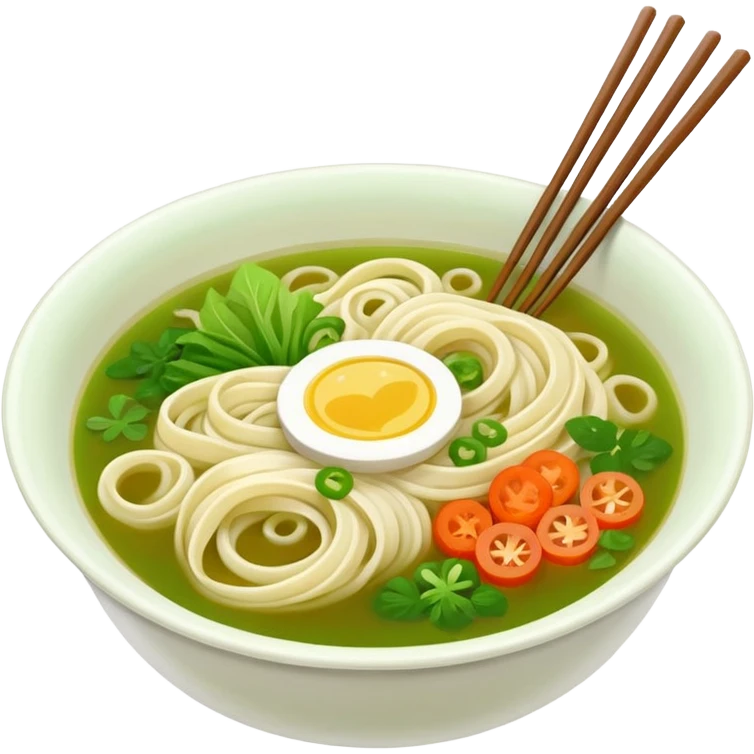 create khmer noodle emoji with green broth and white noodle with vegetable with chabstick emoji