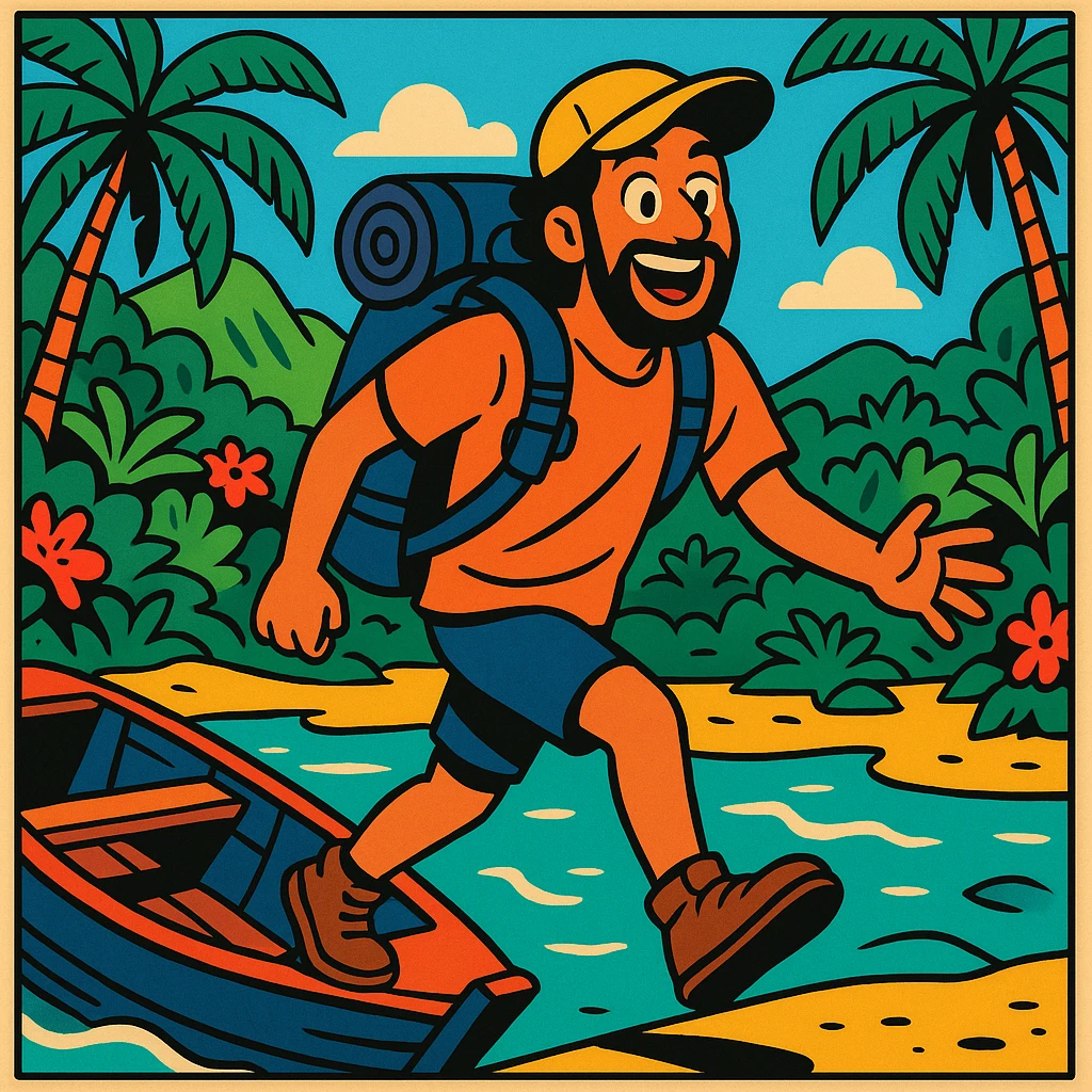 comic book panel 1: a Bali nomad arrives at the island, stepping off a boat with a backpack, excited expression, lush tropical background, vibrant comic book style emoji