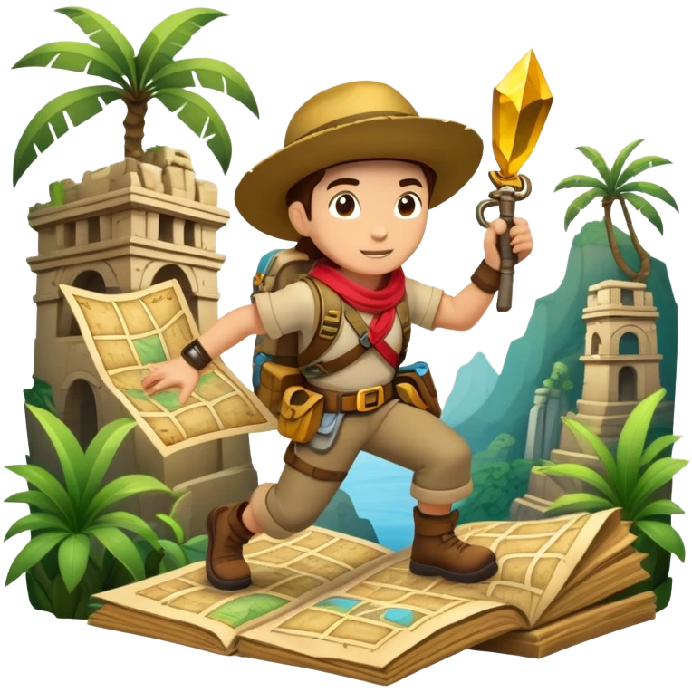 An icon featuring an adventurer in a dynamic action pose, with treasure maps, ancient ruins, and jungle landscapes in the background. The design includes clues, hidden passages, and climbing gear, symbolizing the thrill of exploration and discovery. Transparent background. emoji