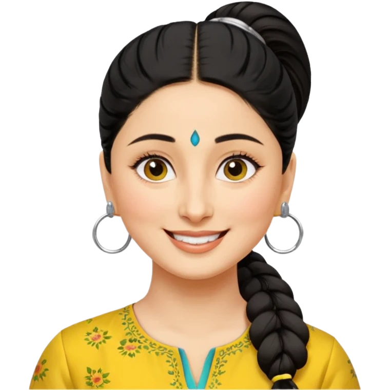 generate a pretty bratz emoji that looks like Kareena Kapoor's Geet character. 
Make her wear a yellow kurti, silver hoops, black hair in a ponytail. smiling big emoji