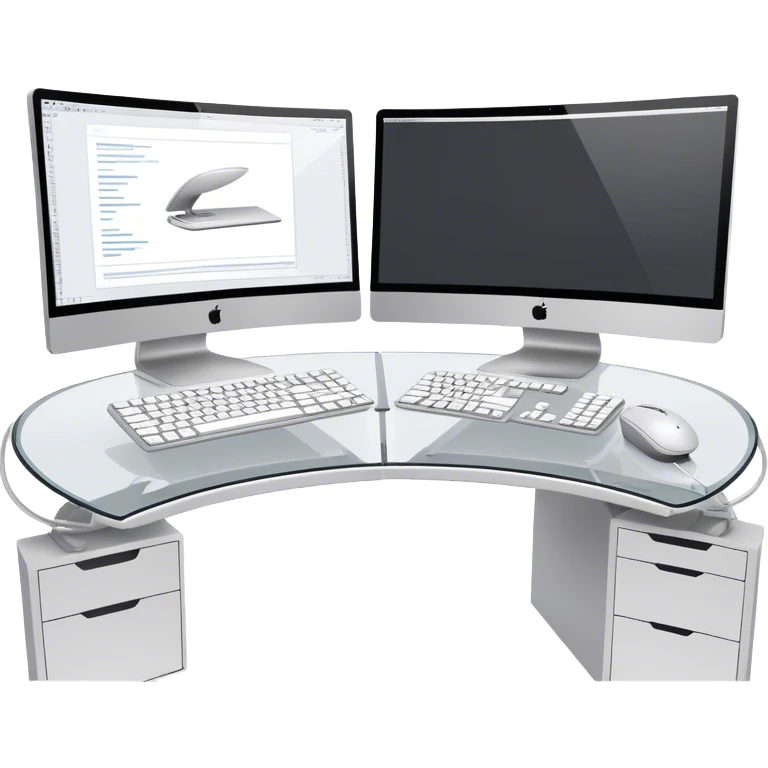 Create an emoji for UX/UI design. Two large curved monitors placed next to each other, displaying design mockups or wireframes. A mouse, keyboard, and stylus to symbolize the tools used in the design process. Do not include any emojis or smiley faces. Background transparent. emoji