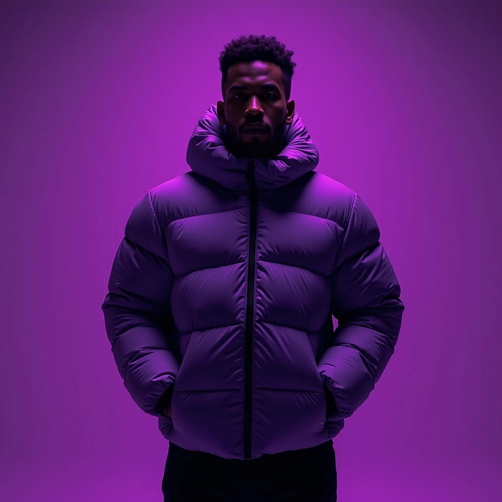Cinematic still of a black man in purple puffer abstract jacket, purple solid background, cinematic soft lightning emoji