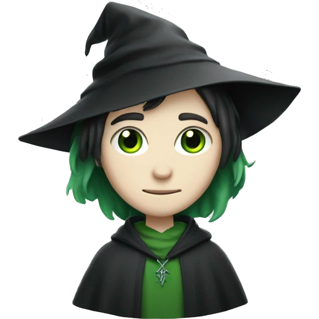 teenage white-skinned wizard with black hair and green eyes in green disgue emoji