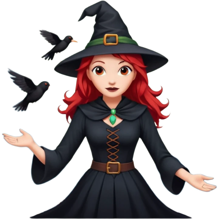 witch with red hair flying , on the background - full moon and black birds emoji