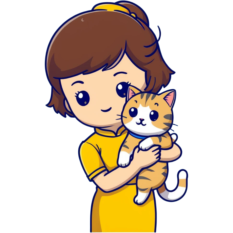girl with brown hair and bangs wearing yellow qipao with a gray tabby cat emoji