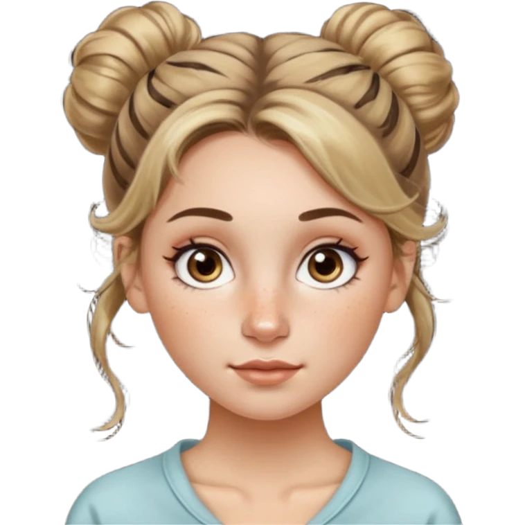 creative women with long dark Blond with highlights semi curly hair white women with hair in a messy bun, oval shape face hazel eyes long lashes freckles on the nose high cheek bones emoji