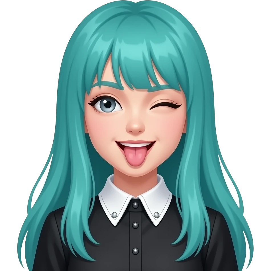 girl, winking, tongue out, long flowing teal hair, grey eyes, black shoulder cyberpunk blouse with fancy white collar emoji