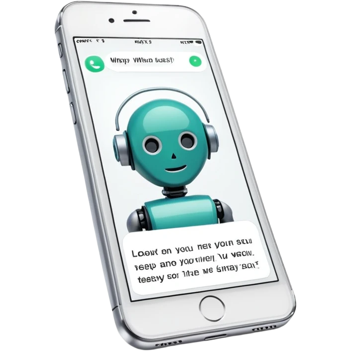iPhone with WhatsApp chat screen showing a conversation with a robot or AI chatbot emoji