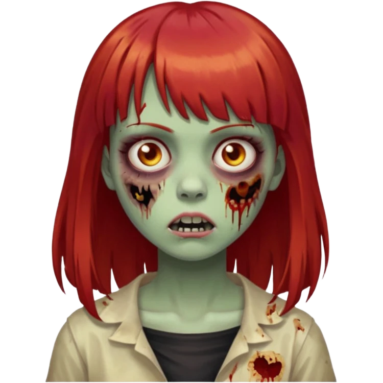 Uma menina de franja cheia, cabelos vermelhos e olhos de mel zumbi emoji
