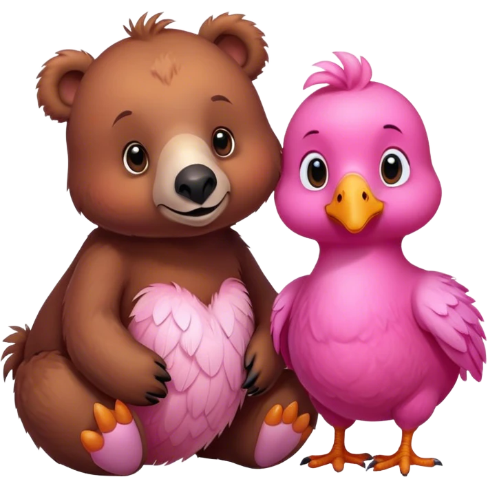 A cute brown bear and a realistic cute pink dodo closely together emoji
