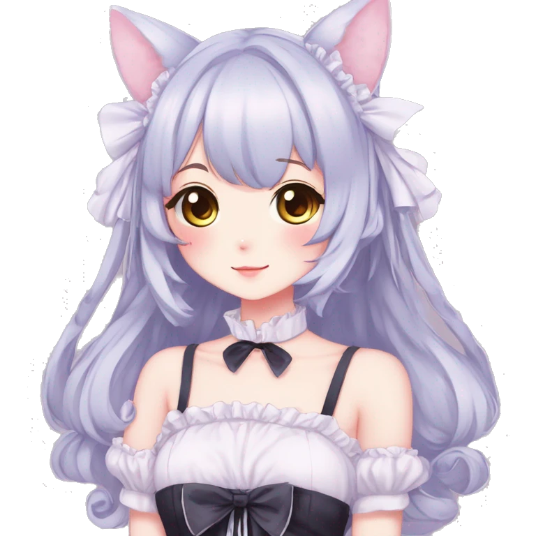 Gorgeous anime style catgirl with blushing face with maid outfit laces gothic Lolita idol model kawaiicore pastelcore cottagecore pearly petite simplistic aesthetic trending style emoji