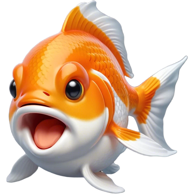Cinematic Cute Yawning Orange and White Goldfish Portrait Emoji, Head tilted slightly with a dramatic, wide-open yawn, showcasing a smooth body with a balanced blend of orange and white, graceful fins slightly drooping, round golden eyes barely open in drowsy contentment, Simplified yet irresistibly adorable features, highly detailed, glowing with a soft, cozy glow, high shine, relaxed yet expressive, stylized with a touch of whimsy, bright and endearing, soft glowing outline, capturing the essence of a sleepy yet affectionate goldfish, so drowsy it feels like it could float out of the screen and curl up for a nap! emoji