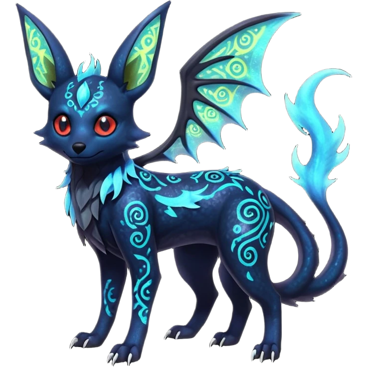 Shiny Fiery Dark Ugly Evil Realistic Glowing Eldritch Horror Cool Edgy Badass Emo Glorious Demonic Batty Dusky Ethereal Sparkly Shimmering Magical Punky Aural Iridescent Fluorescent Bioluminescent Umbreon-Noibat-Salandit-Litten-Flareon-Fakémon-fusion (full body) with intricate pattern markings emoji