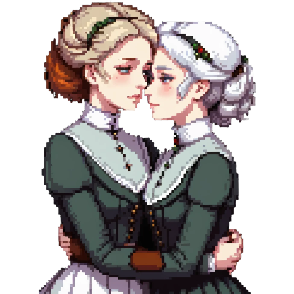 Two Victorian women with light eyes, one with bright pure white coiffed hair and one with dark copper coiffed hair, wearing Victorian turtleneck dresses, embracing tightly in an extremely sad, intimate hug emoji