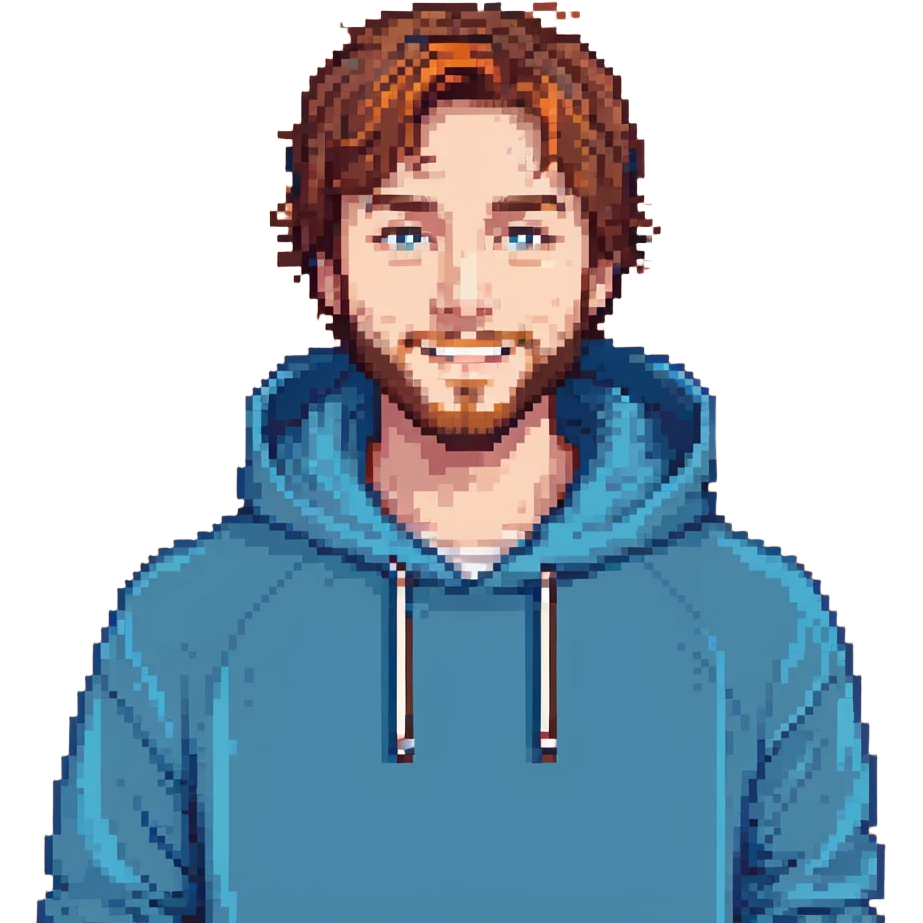 MrBeast, blue hoodie, short brown hair, beard, cheerful expression emoji