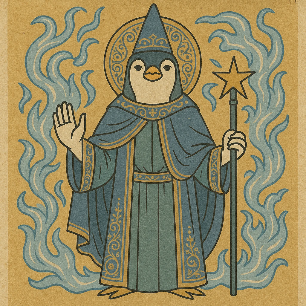a heroic penguin wizard with a flowing cape, icy blue magic swirling around, epic fantasy style emoji