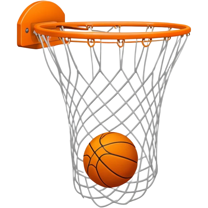 Basketball falling through white net, motion lines, minimal design, iOS emoji style emoji