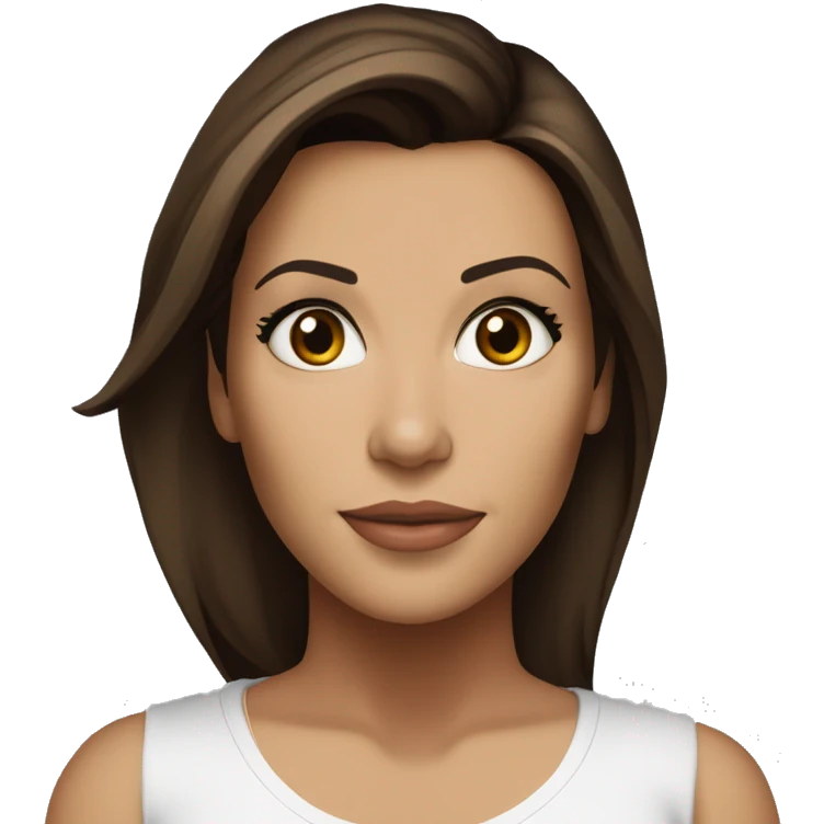 3/4 face, contrasted, shadow, light, Eva Longoria expression, standing from a distance, thin nose, brunette woman, hazel eyes, long eyelashes, dark shoulder shaded hair, white t-shirt, jeans, white sneakers emoji