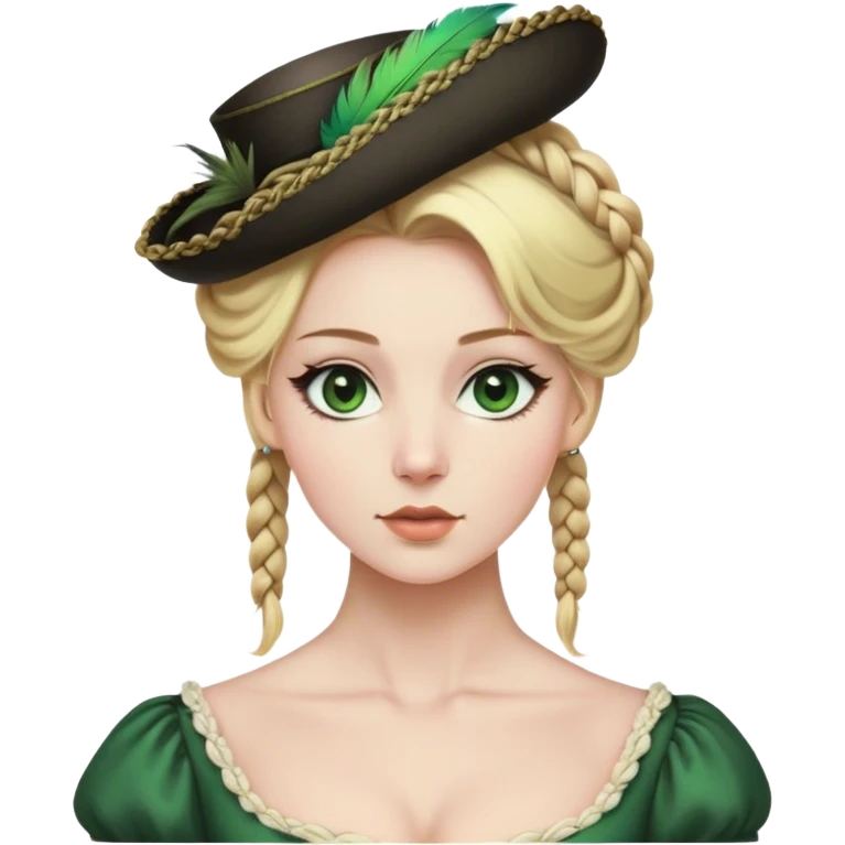 lady with Pale complexion, sharp features, high cheekbones, Blonde hair, usually styled in regancy braided updo, green eyes accessorized with a feathered small hat, royal emoji
