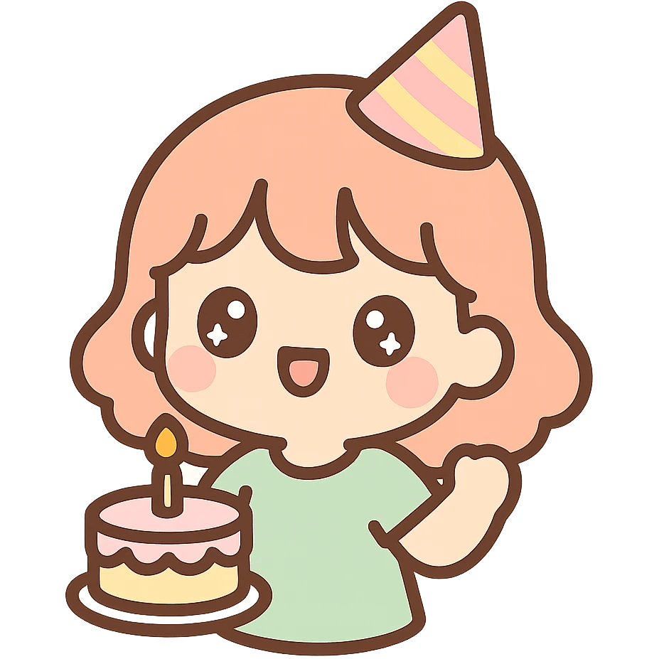 happy party girl, kawaii style, sparkling eyes, birthday cake emoji