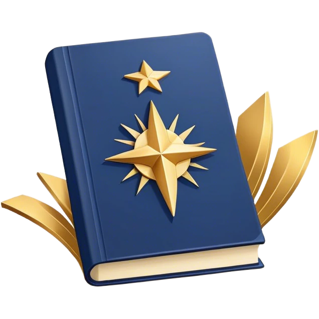 A navy blue productivity book with gold details, chart with upward trend aura, radiating productivity, strategy, and success in motion- emoji