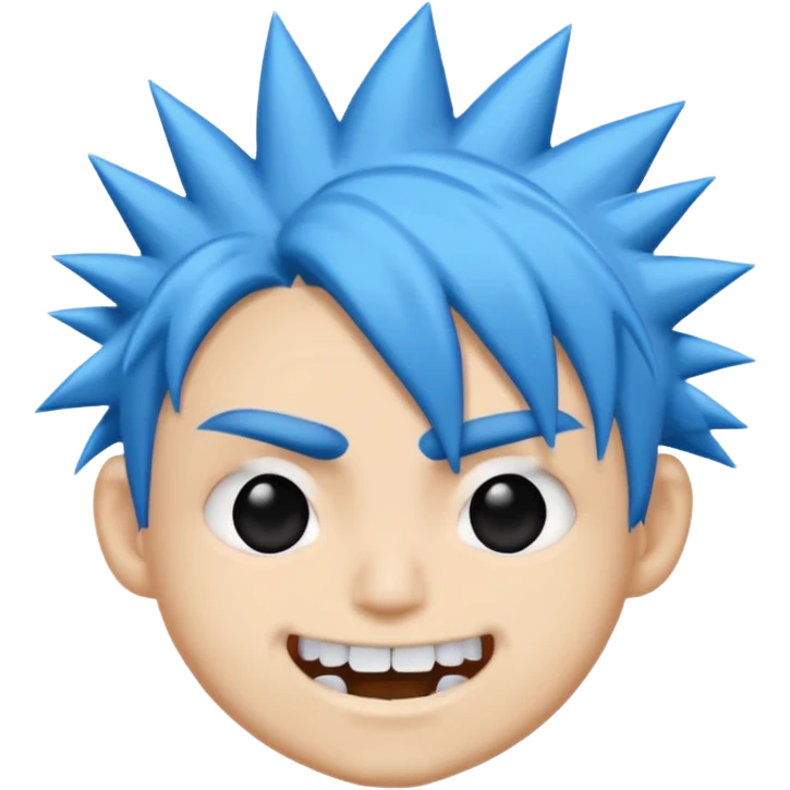 2D de gorillaz como emoji,cabelo azul bagunçado espetado ,olho totalmente branco e espaço grande entre os dentes ,com nariz e sobrancelha preta grossa emoji