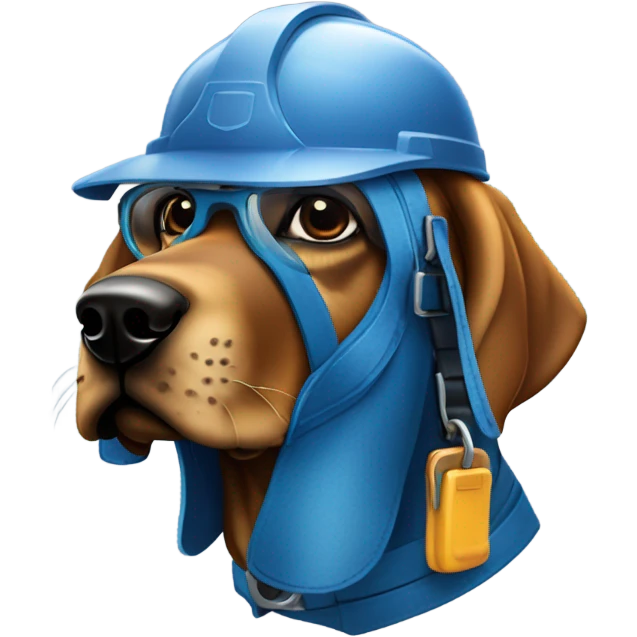 blue bloodhound with a hard hat a tool belt and protective glasses. emoji
