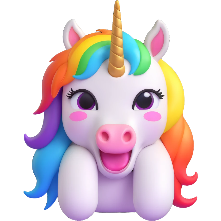 a unicorn with a rainbow mane, crying, 3D emoji style emoji