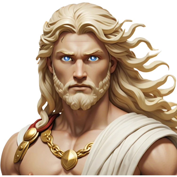 Cinematic Realistic Thor Portrait, depicted as a classical Greek god with a chiseled, sculpted physique reminiscent of ancient marble statues. His fair, luminous skin carries a subtle golden sheen, and his long, wavy, sun-kissed golden hair flows elegantly around his noble face, accentuating his determined, piercing eyes. Draped in a flowing white toga with delicate golden accents and hints of lightning motifs, the portrait is rendered in dynamic natural lighting with a radiant, mythic glow that exudes timeless strength and divine grace. emoji