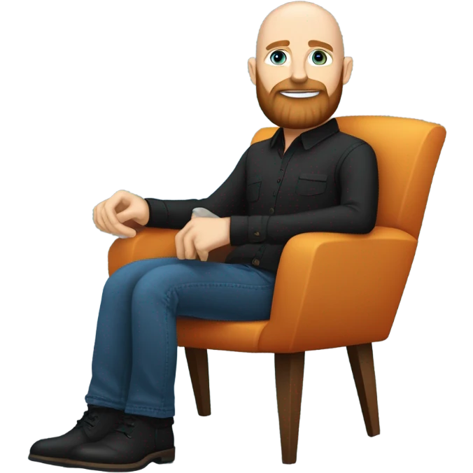 Bald, Caucasian, sky-blue-eyed, Psychotherapist in a modern colorful chair. He has a brown full beard and he’s Wearing a black dress shirt with a subtle pattern, blue jeans and black Chelsea boots.  emoji