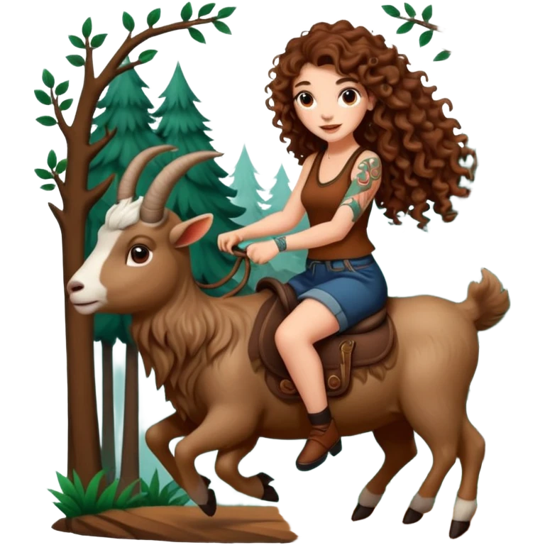 cute woman long curly brown hair tattoos riding forest goat emoji