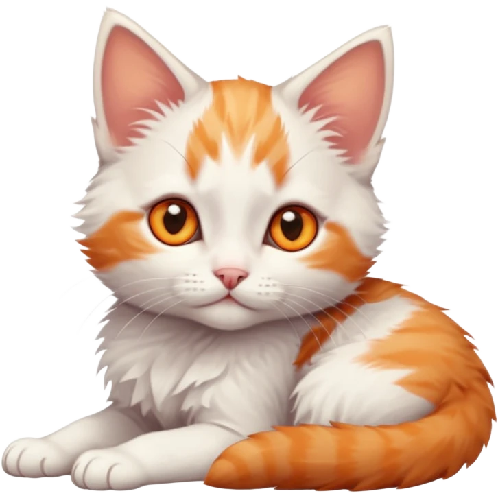 full body of very small + skinny ginger and white kitten with deep orange eyes and triangular shaped face lying down emoji