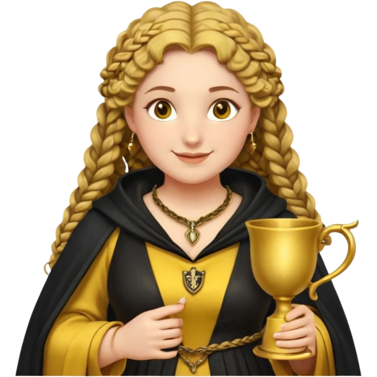 Helga Hufflepuff, 2 curly thick brown braids, yellow-black medieval dress, black cloak decorated with gold braiding, tiny two-handled shiny yellow-gold cup, very kind smile, curvy busty sweet woman, thick rosy cheeks emoji