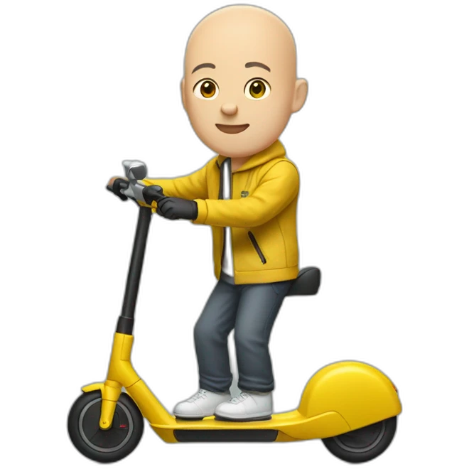 bald man with no helmet on a xiaomi e-scooter whearing a yellow jacket emoji