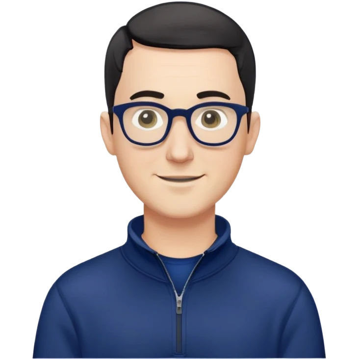 Caucasian man with very short black hair (close-cropped buzz cut), short beard with gray streaks, large black eyeglasses, cheerful expression, navy blue long sleeve sweatshirt with quarter zip emoji