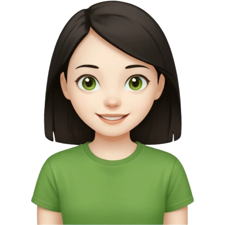 Young girl with straight, dark hair, damaged and unattractive, wearing a green T-shirt, looking happy and cheerful. emoji