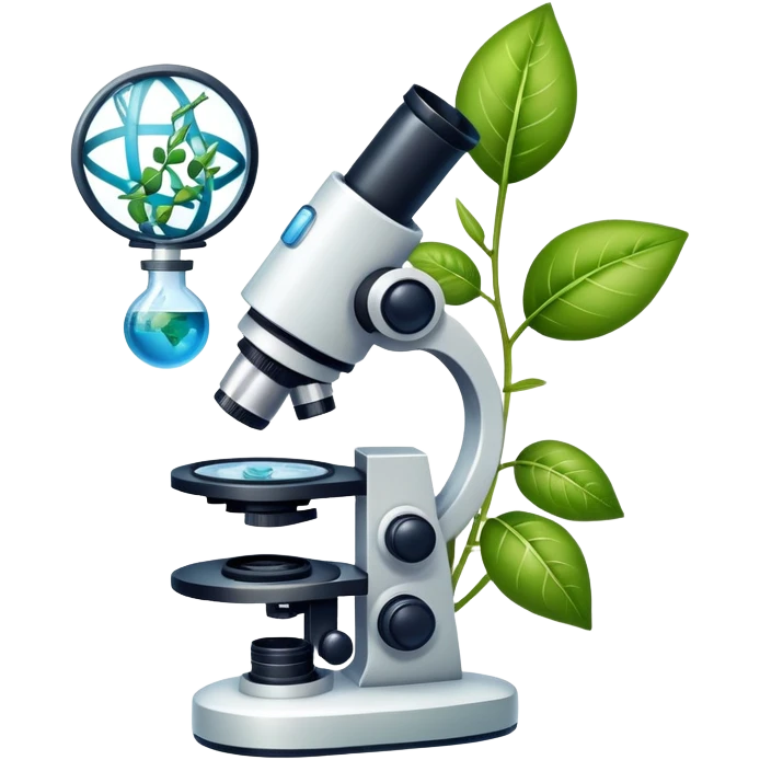 An icon featuring a microscope, a DNA strand, and plant leaves, symbolizing biology. The design includes cells, a test tube with a plant sample, and a globe, representing life sciences, ecosystems, and the study of organisms. Transparent background highlights the exploration of living systems. emoji