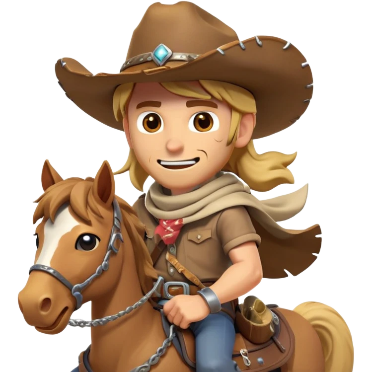 clash-of-clans-aesthetic_-cinematic-playful-cowboy-portrait-emoji, head-tilted with a roguish, cheeky grin and twinkling eyes, featuring a rugged, spirited build with a wide-brimmed cowboy hat and a weathered bandana on tan skin, riding a powerful galloping horse with dynamic flowing mane, reins gripped firmly in one hand and a lasso in the other, as dust swirls behind them in a vast desert landscape. emoji