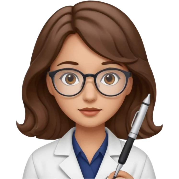 young women pharmacist studying science, wavy hair, with a pen and glasses emoji