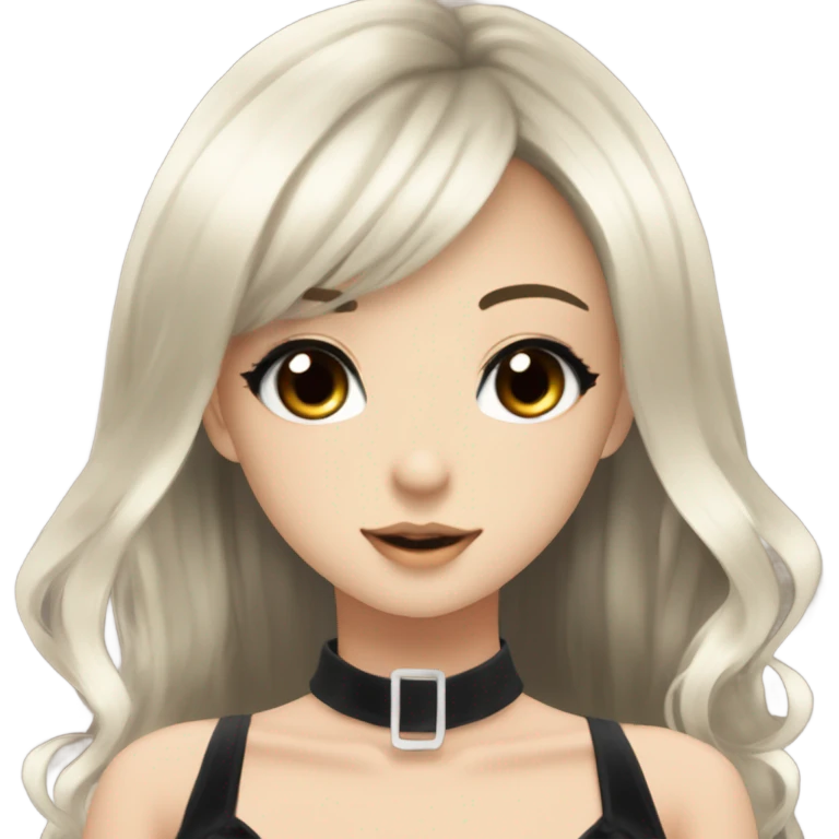 hime gyaru girl with LONG SILKY BLACK HAIR, with black satin halter top with chest, very pale skin and pretty brown monolid eyes emoji