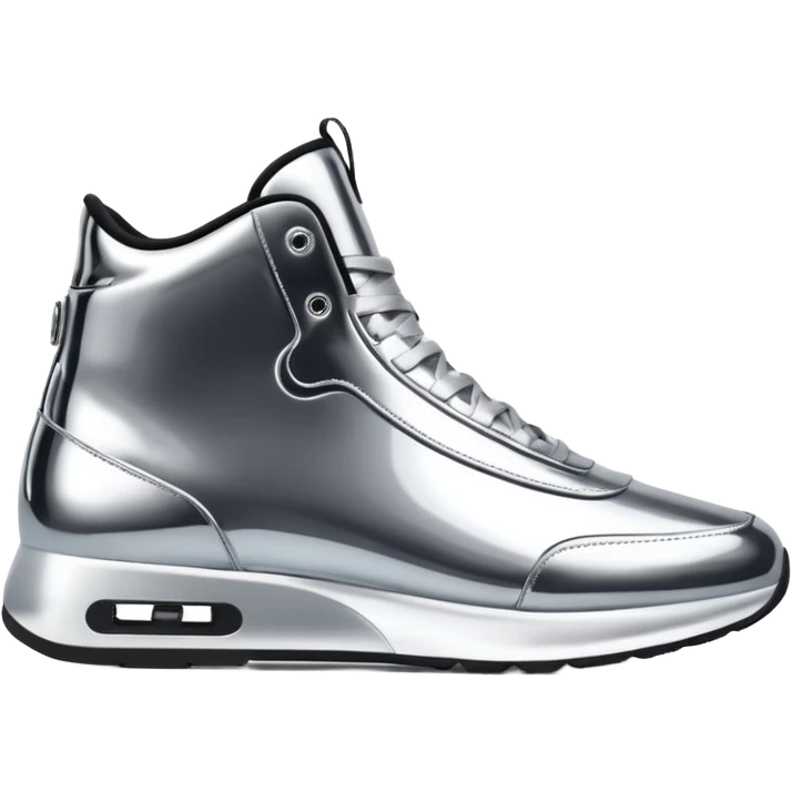 A pair of futuristic sneakers emoji made of silver chrome, sleek streetwear design, smooth metallic panels, subtle reflections, luxury swag aesthetic, iOS emoji style, centered, clean white background emoji