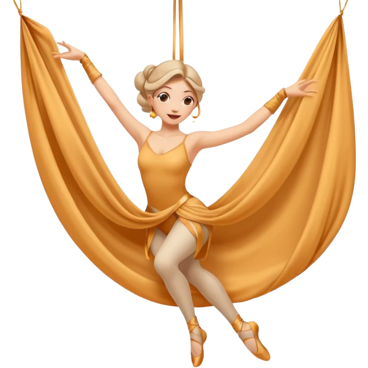 Emoji estilo ilustración de una mujer practicando danza aérea en tela, colgada en telas de seda, expresión feliz, estilo emoji moderno, colores suaves, fondo simple emoji