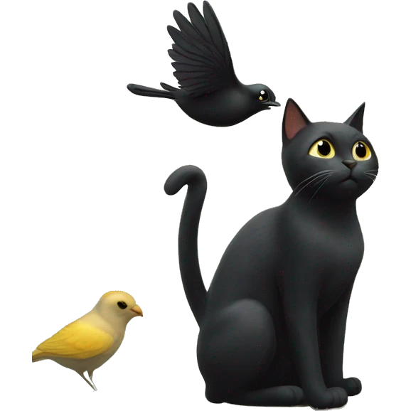 Black cat playing with a small bird emoji