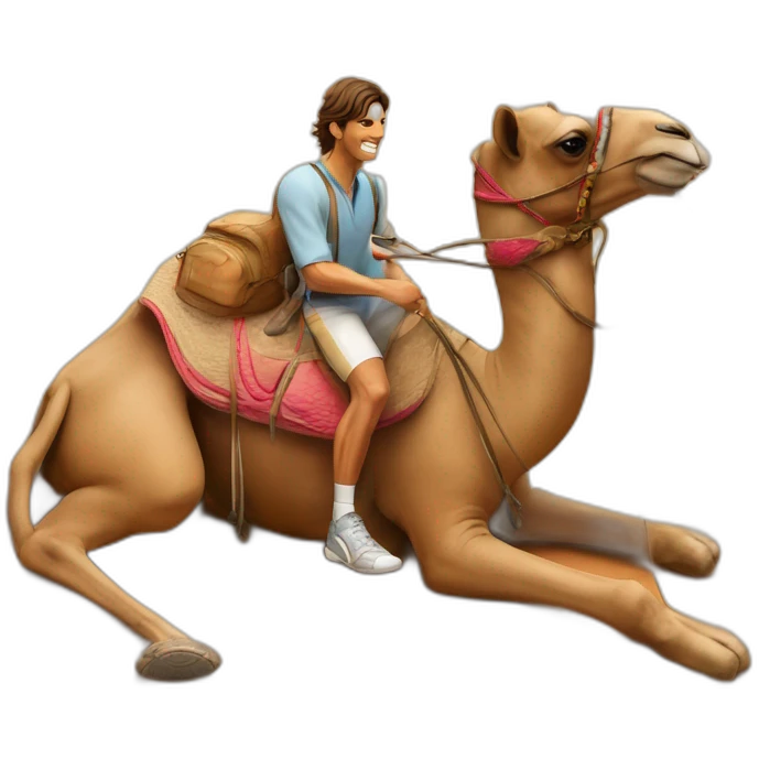 Rafael Nadal on a camel and Roger Federer keeping the camel on a leash. emoji