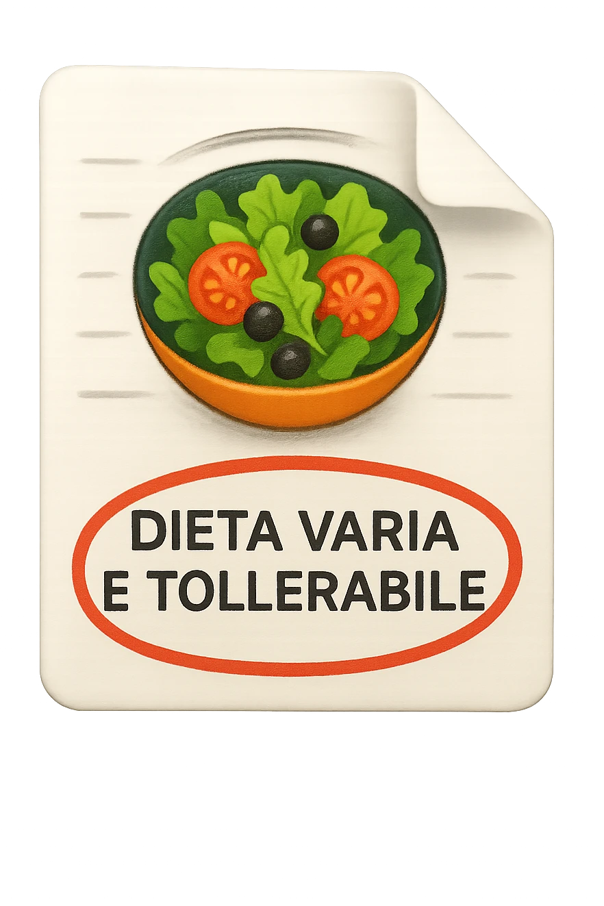 emoji stile iphone di un foglio con un insalata disegnata sopra e la scritta "DIETA VARIA E TOLLERABILE" CERCHIATA IN ROSSO, iperrealistico 4k, isolato su sfondo bianco emoji