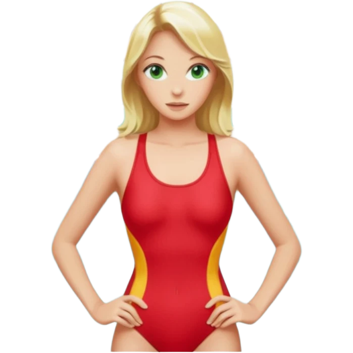 Blonde Woman, Green eyes, Red onepiece, whole Body,Background Indoor pool emoji