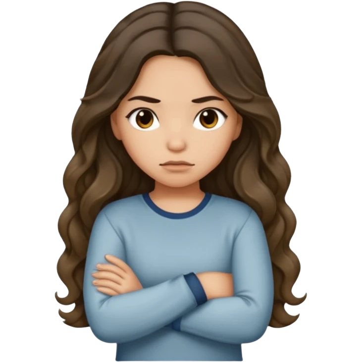 Hispanic light tan girl with long dark wavy hair with arms folded while pouting. Wearing a long sleeve. Hair with middle part. emoji